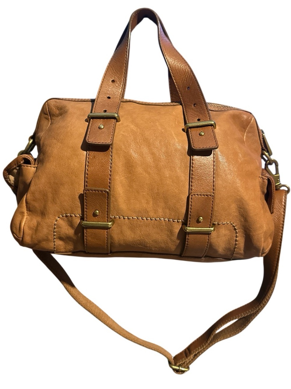 FOSSIL Leather Satchel Double Handle Shoulder Detachable Strap Tan Purse Handbag